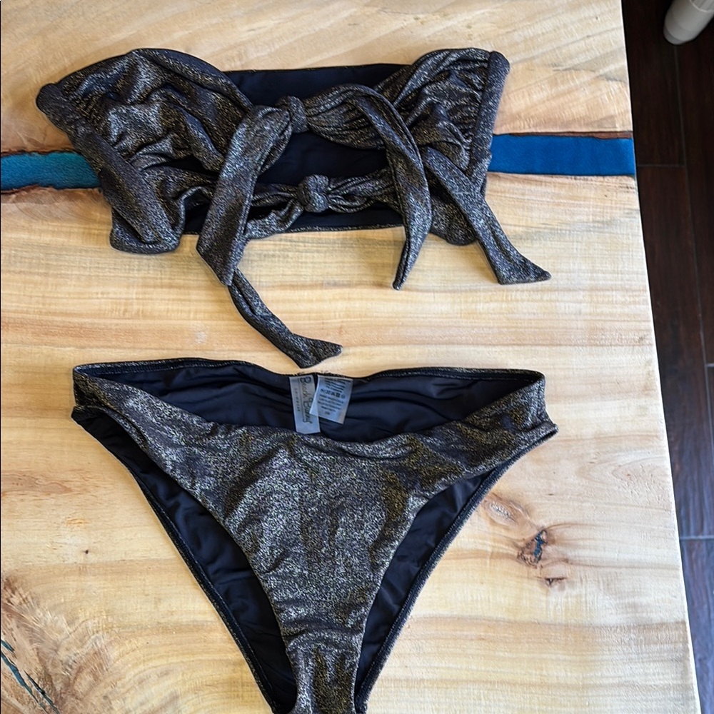 Beach Bunny Metallic Black & Gold Bandeau Bikini Set